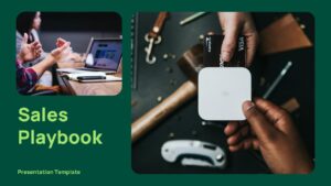 Sales Playbook overview agenda slide with 6 numbered sections and planning board photo on dark green background.