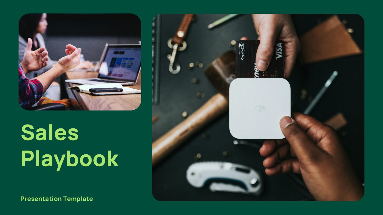 Sales Playbook overview agenda slide with 6 numbered sections and planning board photo on dark green background.
