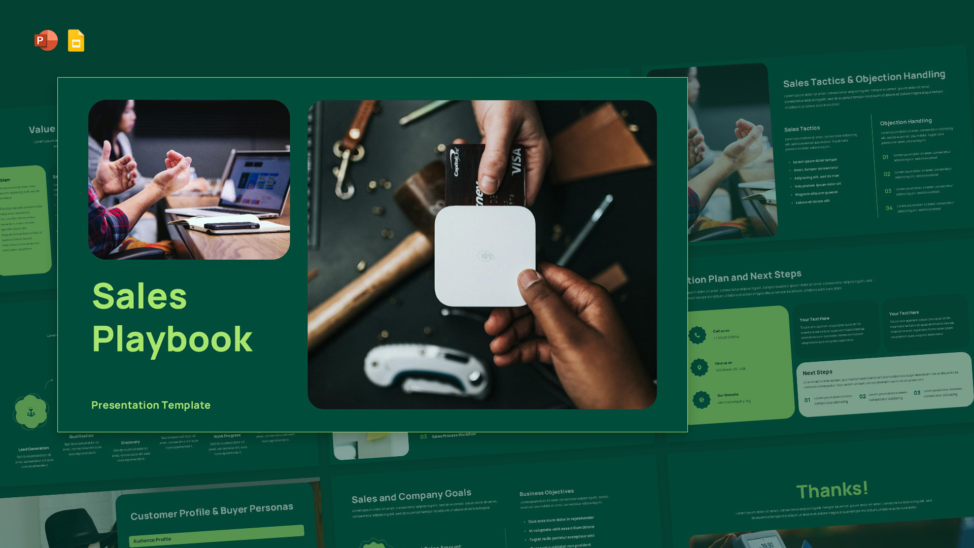Sales Playbook PowerPoint & Google Slides template cover slide with dark green and lime green design featuring business photography.