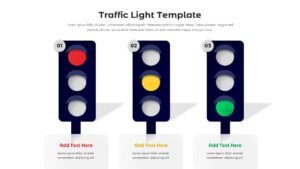 Traffic light PowerPoint template - 3-column light theme with red, yellow, green lights and text placeholders