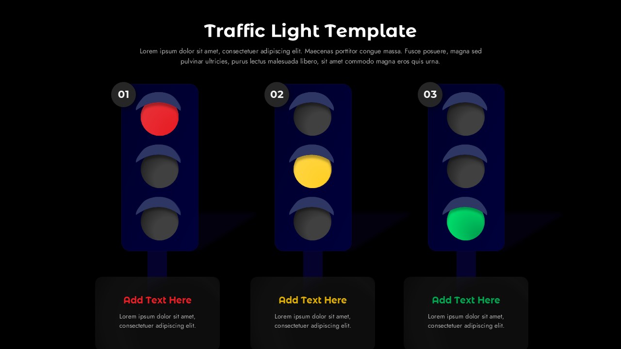 Traffic light dark theme slide - 3-column layout with red, yellow, green lights on black background