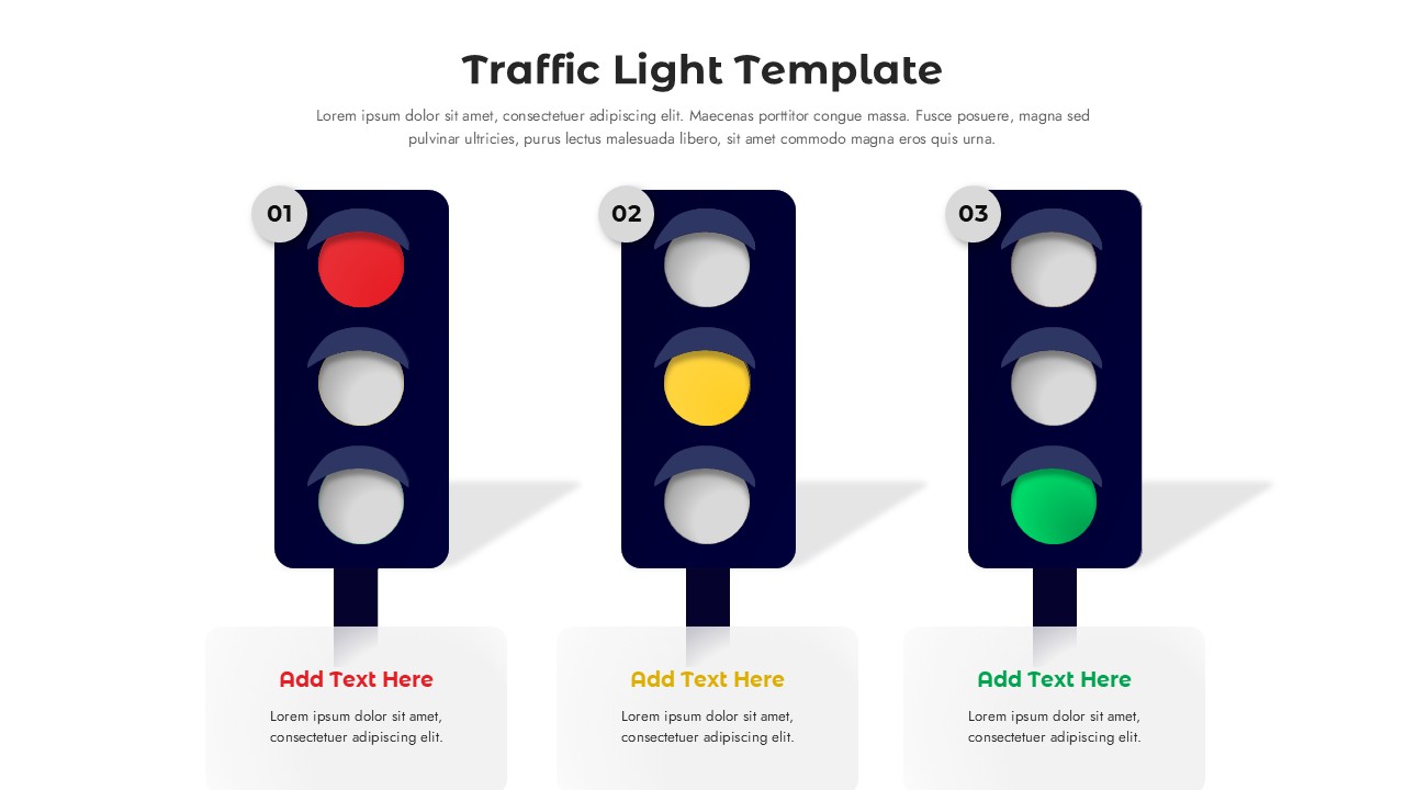 Traffic light PowerPoint template - 3-column light theme with red, yellow, green lights and text placeholders