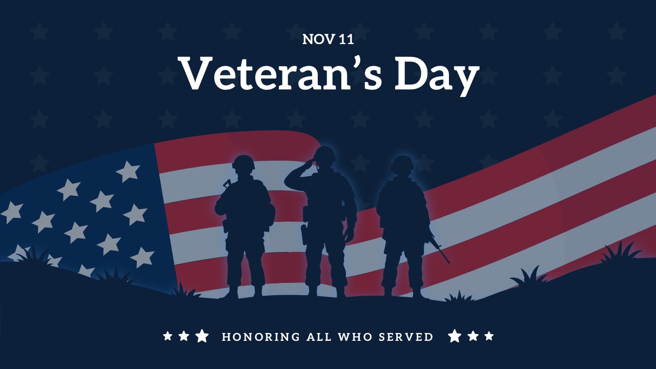 Veterans Day PowerPoint template with soldier silhouettes, American flag, and 'Honoring All Who Served' tagline.