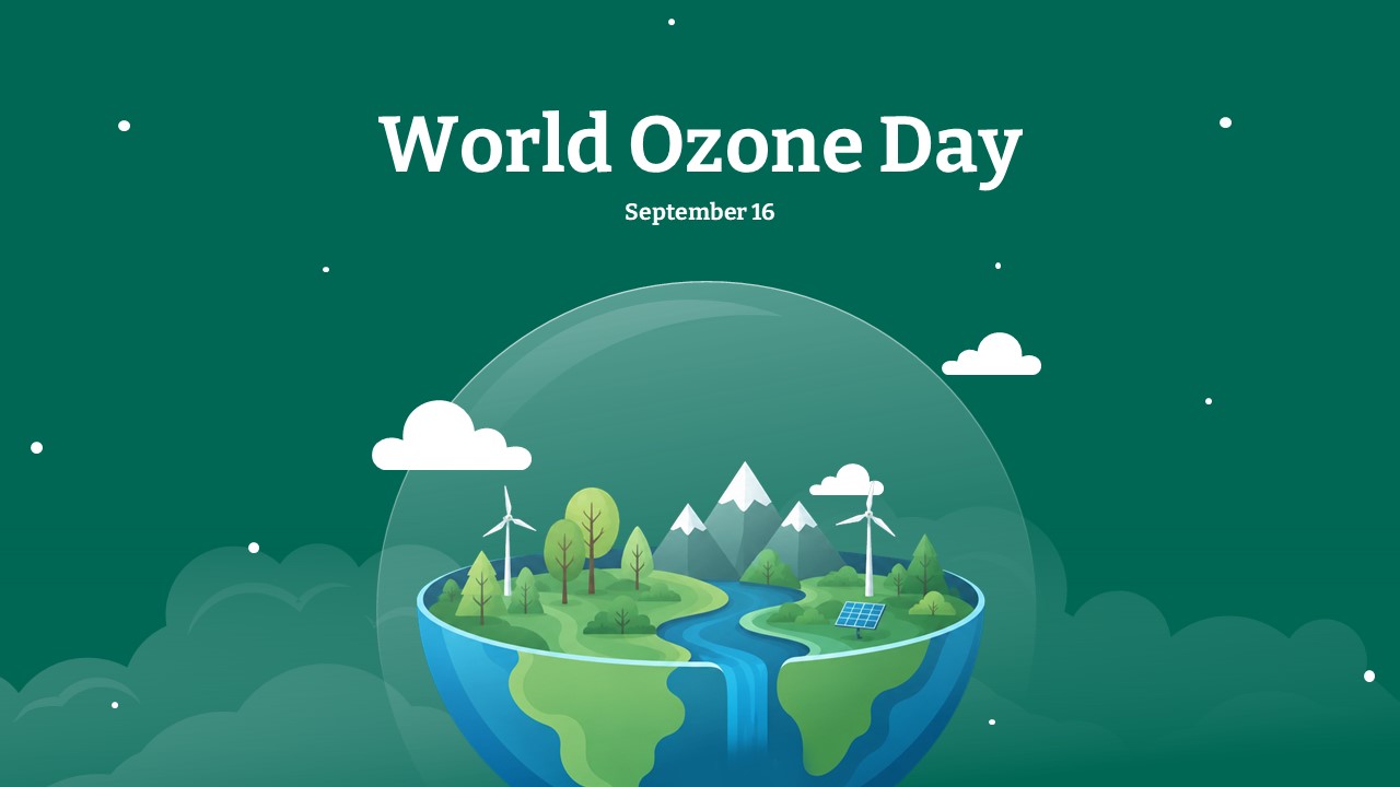 World Ozone Day Google Slides and PowerPoint template with eco globe, wind turbines, solar panels on vibrant teal-green background