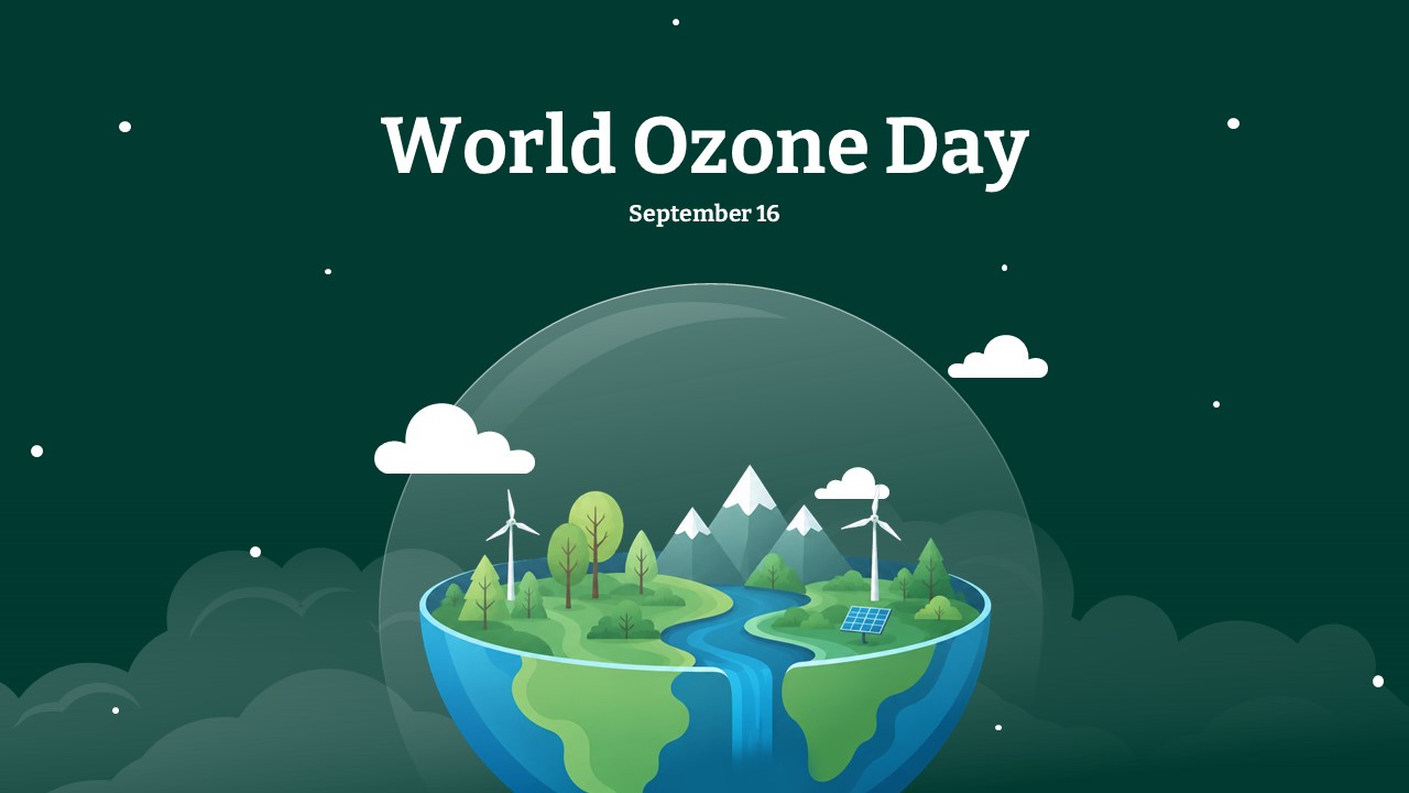 World Ozone Day PowerPoint template with globe illustration, renewable energy icons, and glass dome on dark teal background