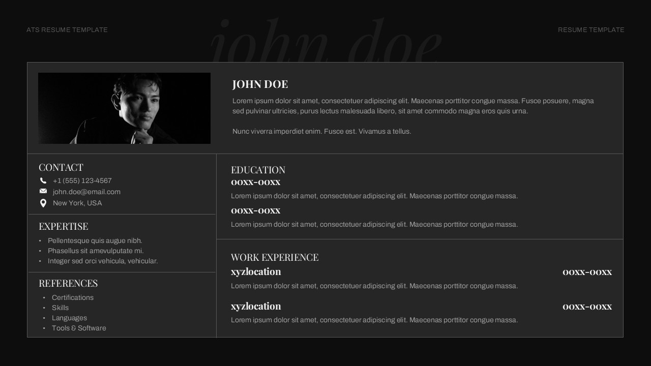 Dark mode ATS resume template in PowerPoint and Google Slides — sleek, modern CV for standout job applications.