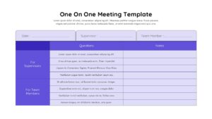 One-on-one meeting template slide - white background, purple table with supervisor and team member question rows