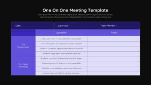 Dark mode one-on-one meeting slide - black background, purple and navy table with supervisor and team member sections