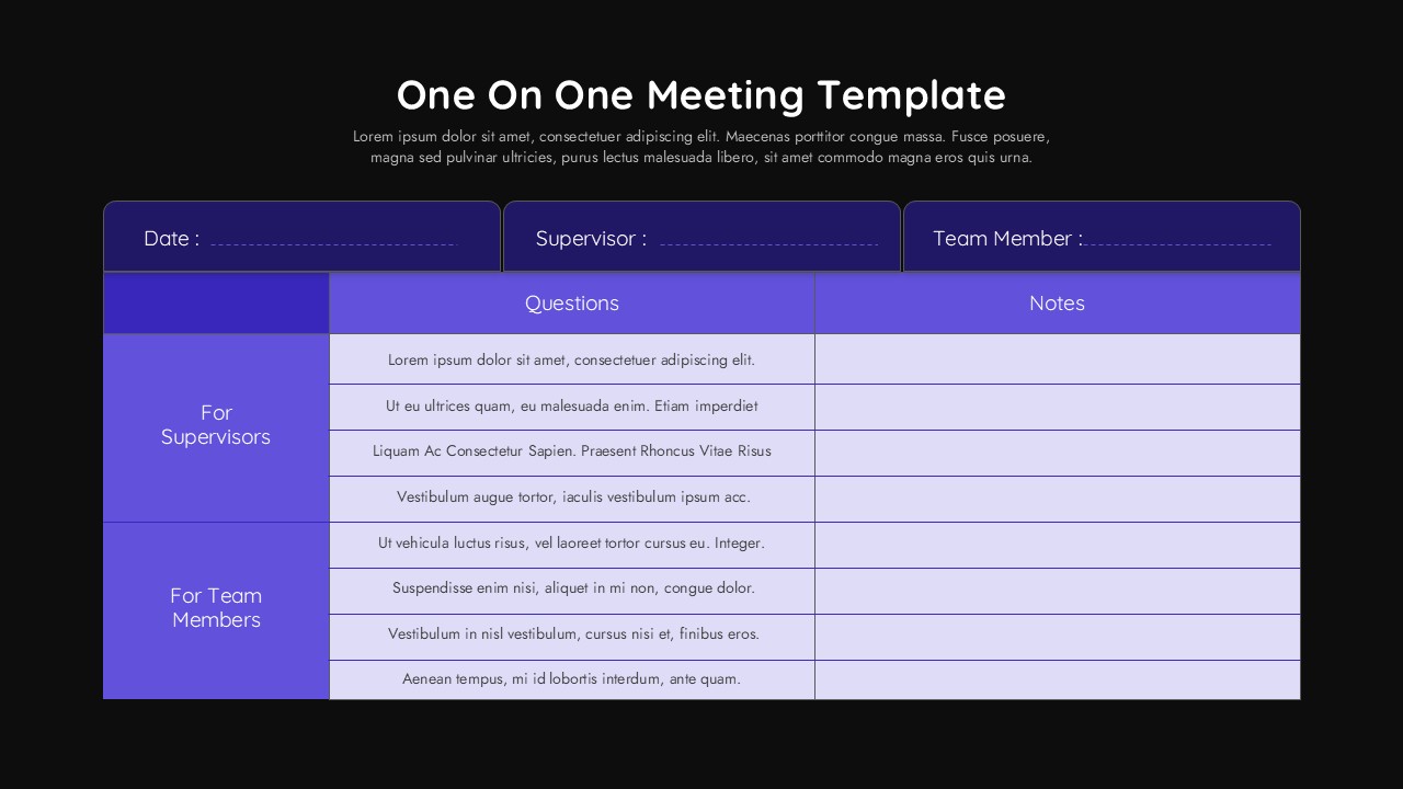 Dark mode one-on-one meeting slide - black background, purple and navy table with supervisor and team member sections