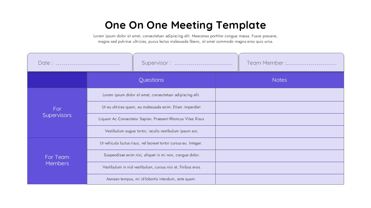 One-on-one meeting template slide - white background, purple table with supervisor and team member question rows