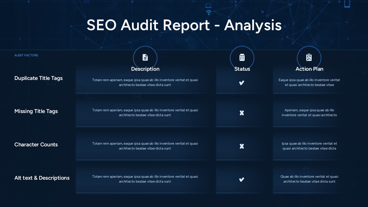 SEO audit analysis table slide showing pass/fail status for title tags and alt text on dark navy background.