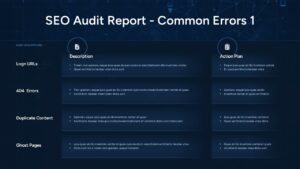 SEO common errors slide documenting login URLs, 404 errors, duplicate content, and ghost pages with action plans.