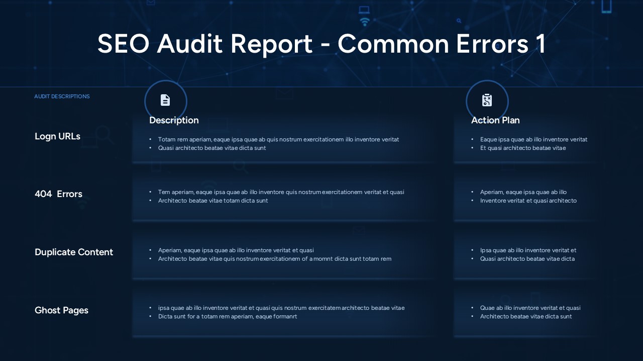 SEO common errors slide documenting login URLs, 404 errors, duplicate content, and ghost pages with action plans.