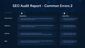 Advanced SEO errors slide covering server errors, robots.txt, LLMs.txt, and SEM issues on dark navy background.