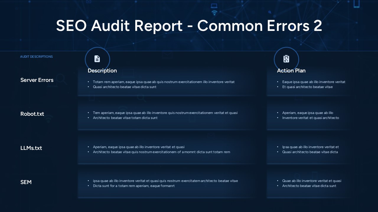 Advanced SEO errors slide covering server errors, robots.txt, LLMs.txt, and SEM issues on dark navy background.