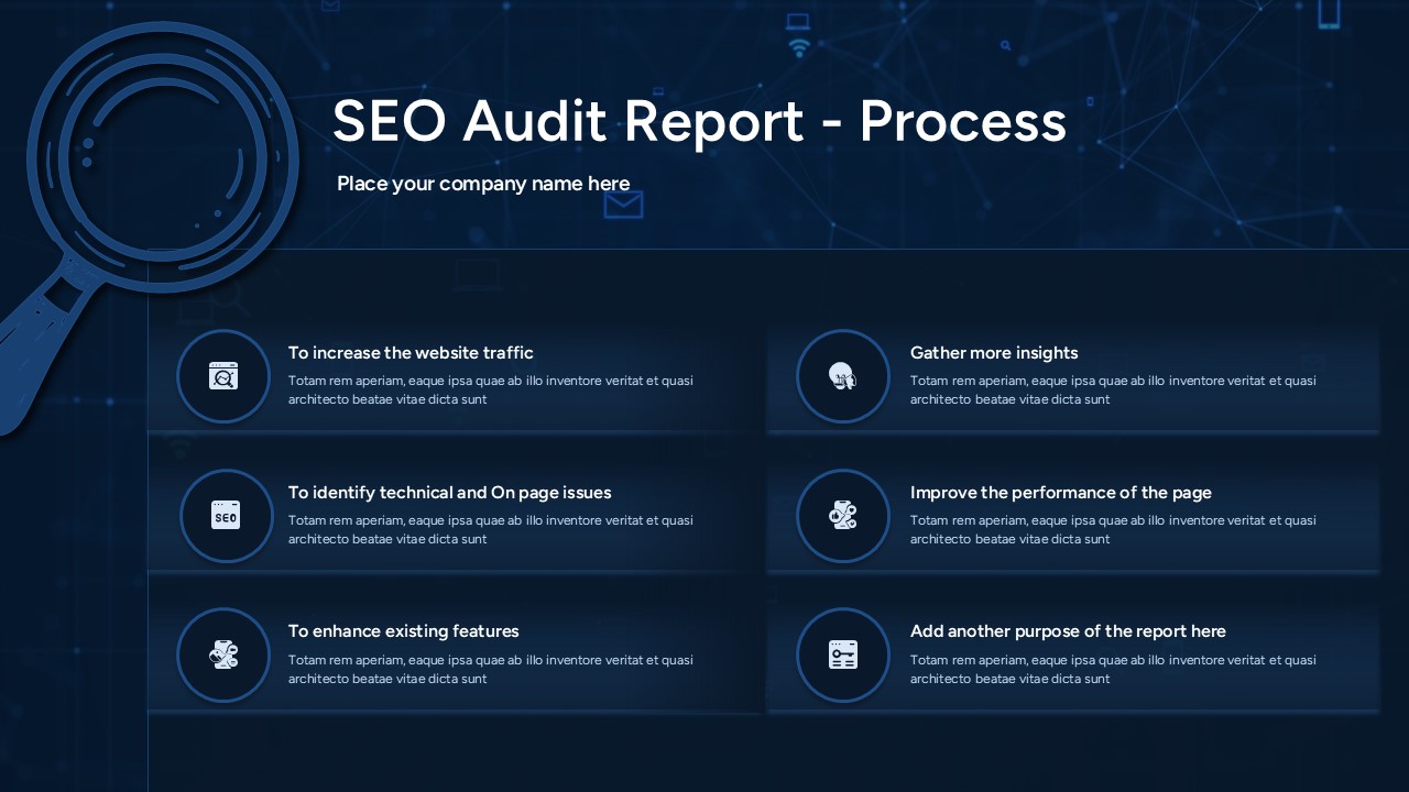 SEO audit report PowerPoint template cover slide with six goal icons on dark navy tech background.