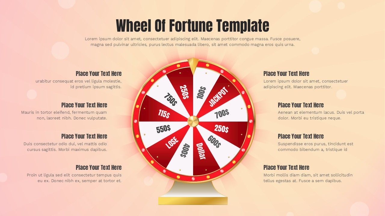 Soft peach wheel of fortune Google Slides template for elegant prize events, classroom games, and lifestyle campaigns.