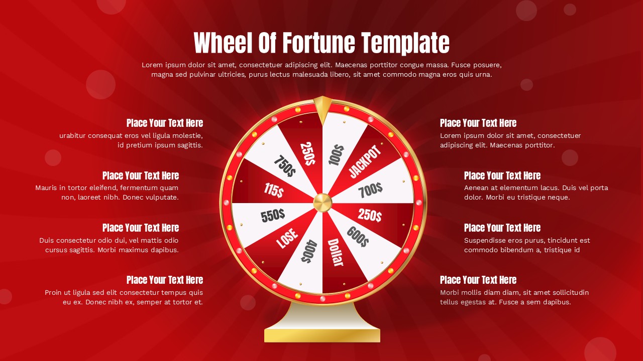 Red casino-style wheel of fortune PowerPoint slide for prize giveaways, sales contests, and gamified events.